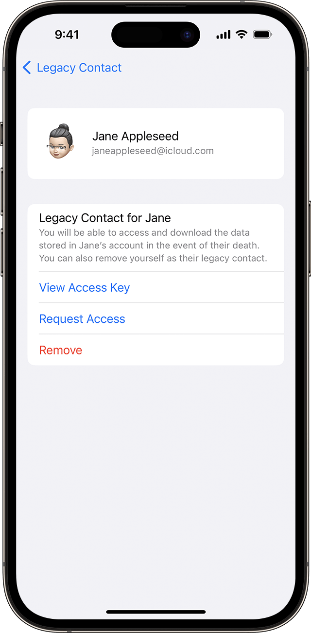 In Apple ID Settings on iPhone, request access to a family member's Legacy Account.