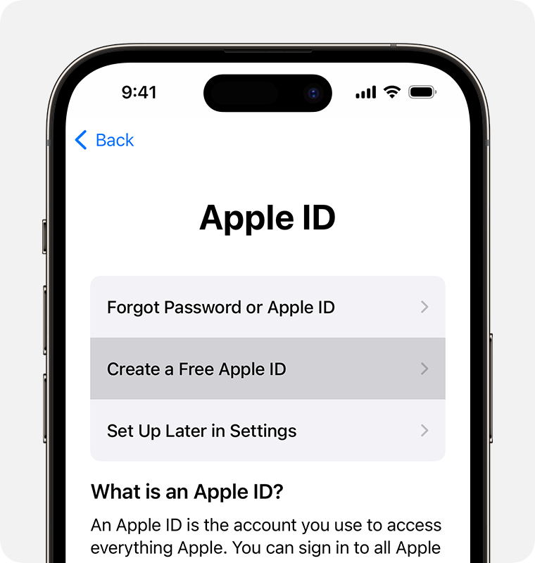 When you set up a new device, you have a chance to create a new Apple ID or you can choose to set up later.
