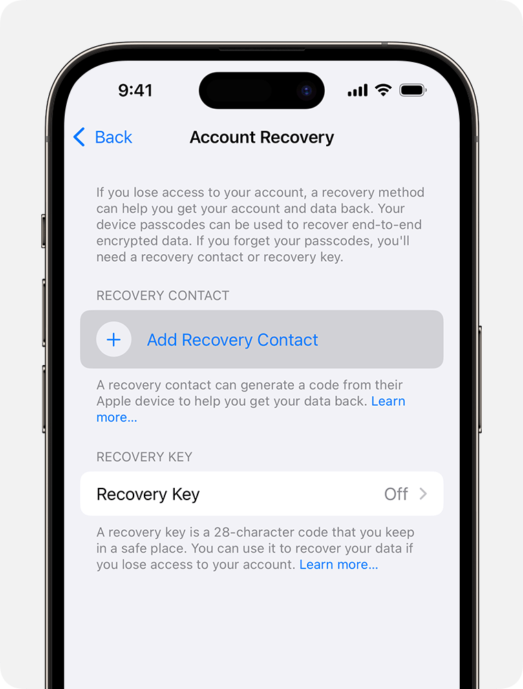 iPhone screen showing how to add a Recovery Contact