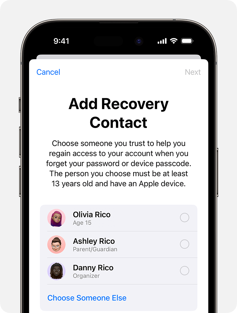 iPhone screen showing contacts you can add as a Recovery Contact