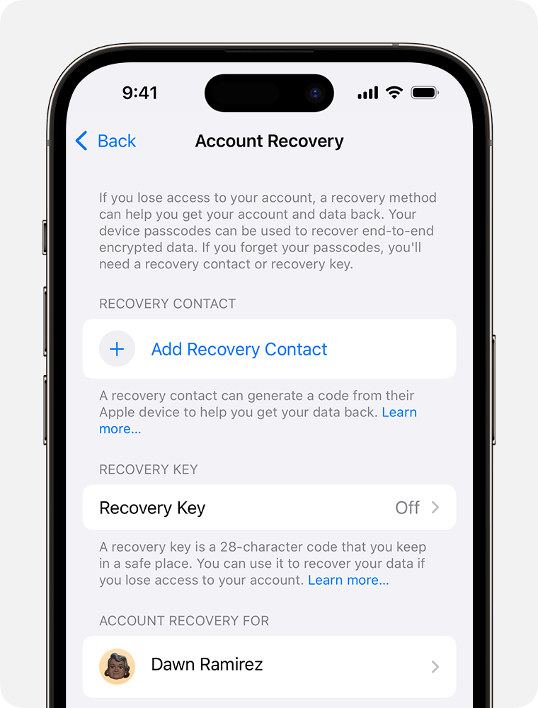 Schermata dell'iPhone che mostra come aggiungere il contatto di recupero