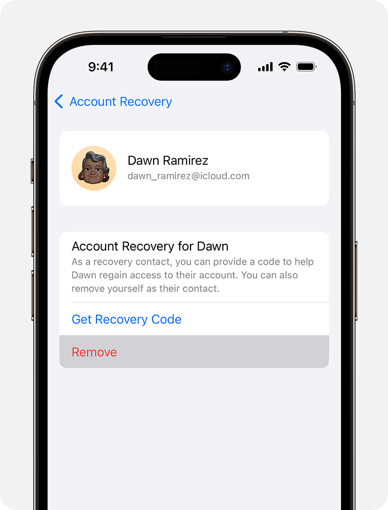Η οθόνη ενός iPhone που δείχνει πώς να αφαιρέσετε μια επαφή ανάκτησης