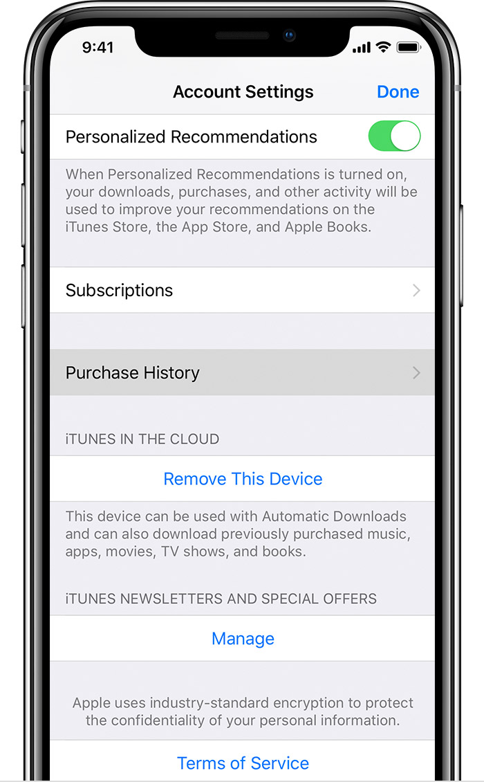 An iPhone X showing the Account Settings screen. Purchase History is highlighted.