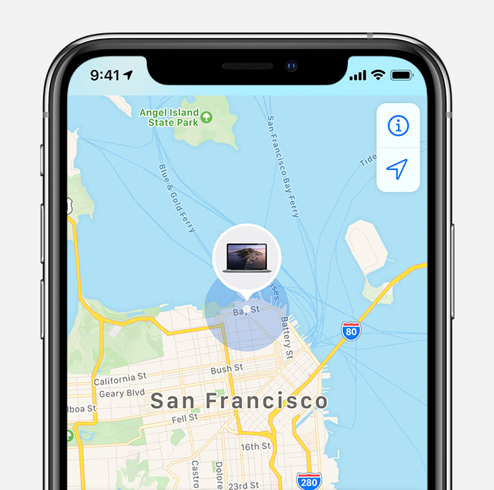 iPhone showing device on a map of San Francisco.