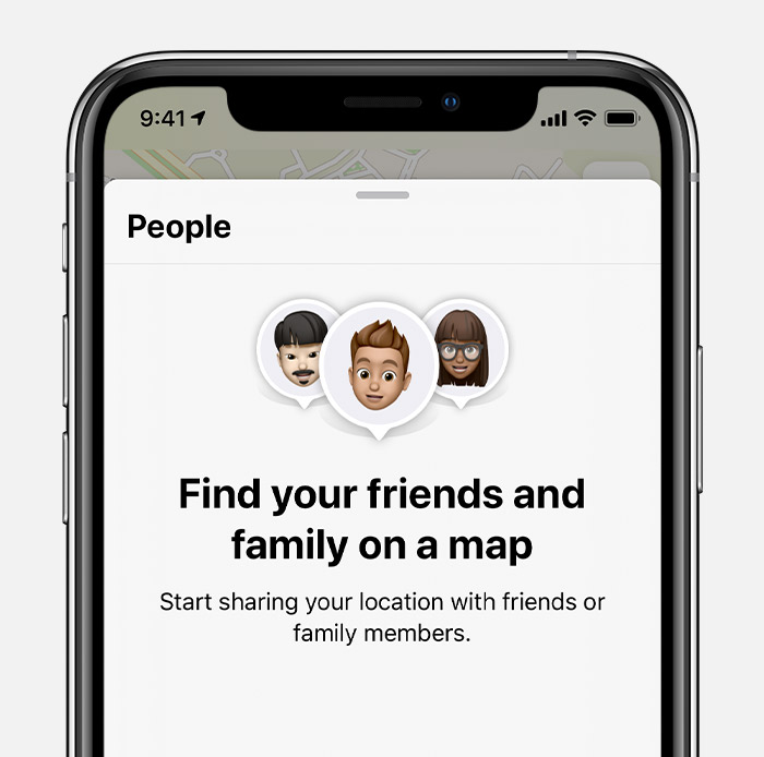People screen on iPhone showing pictures of three people and the words "Find your friends and family on a map."