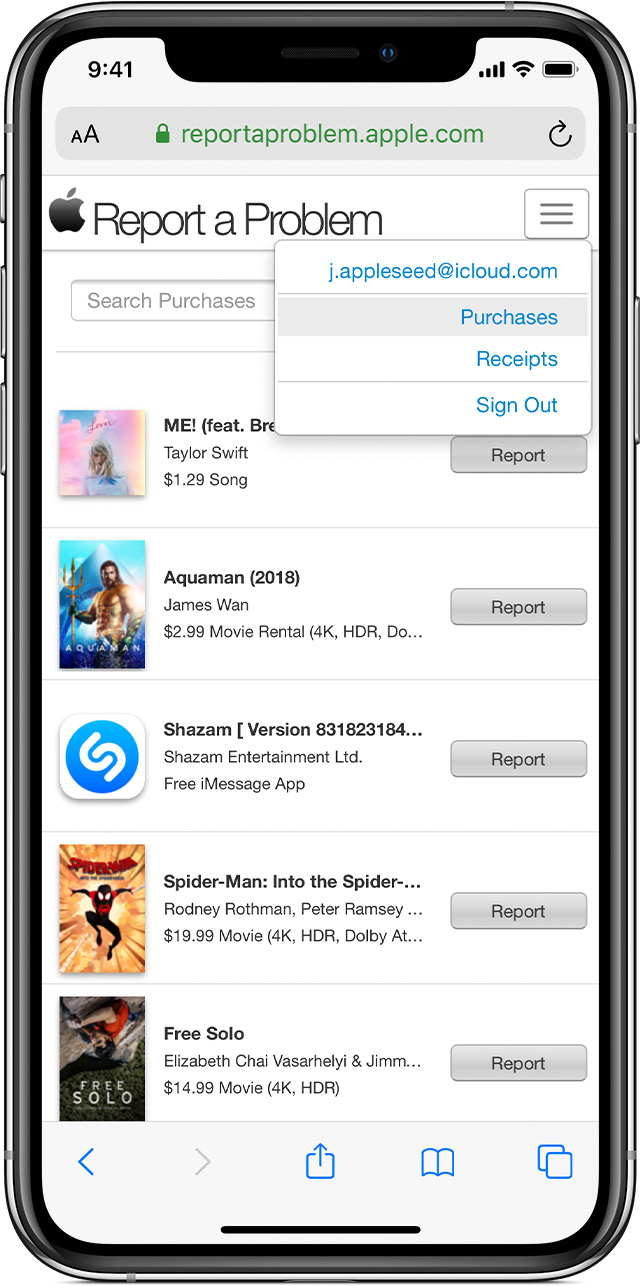 iPhone showing reportaproblem.com, which shows recent purchases including music and movies.