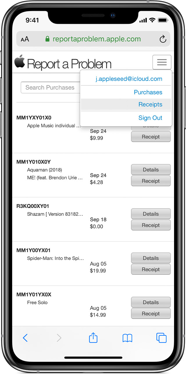 iPhone showing reportaproblem.com, which shows receipts for recent purchases.