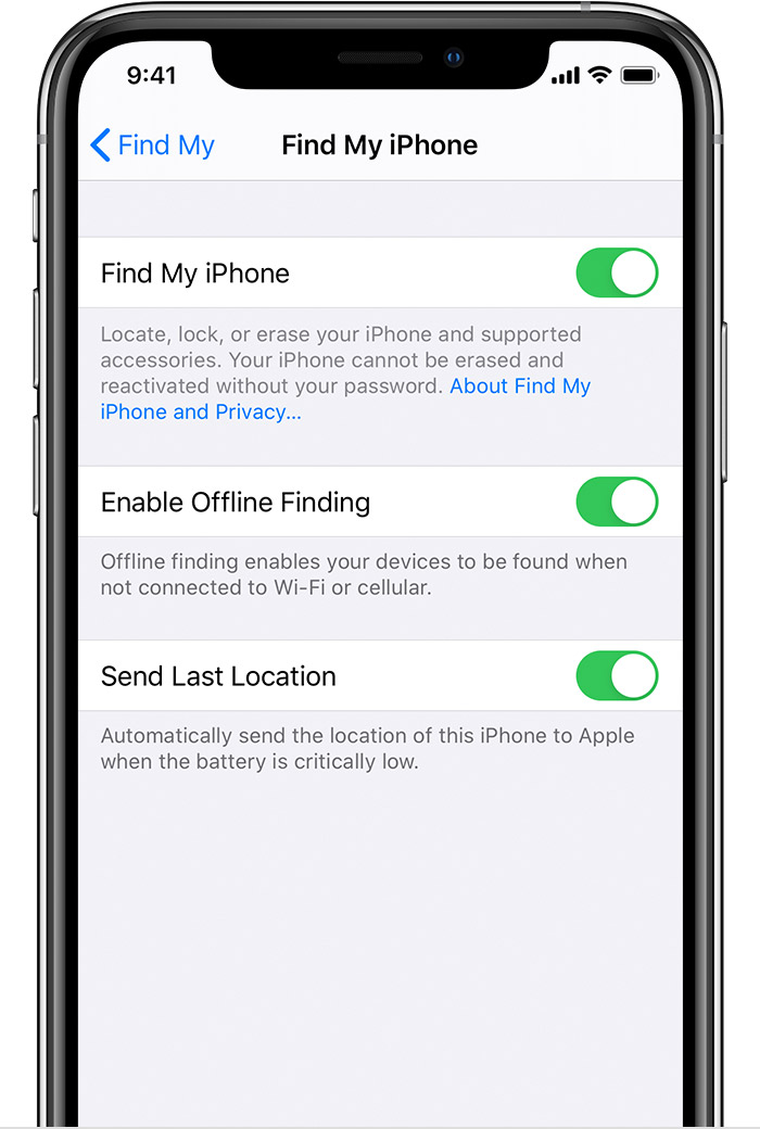 iPhone ierīce, kurā redzami Find My iPhone (Atrast manu iPhone) iestatījumi, tostarp funkcijas Enable Offline Finding (Iespējot atrašanu bezsaistē) un Send Last Location (Sūtīt pēdējo atrašanās vietu).