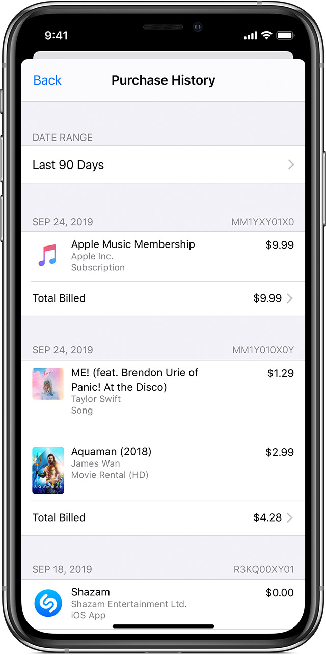 iPhone showing purchase history, including a song, a movie, and an Apple Music subscription.