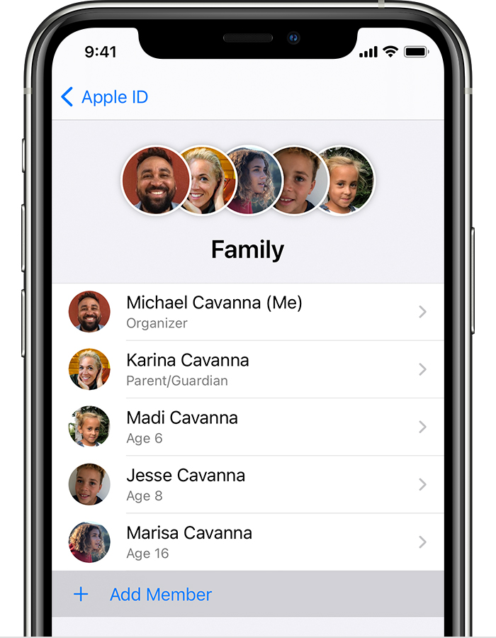 iPhone showing the Add Member button below the names of other family members.