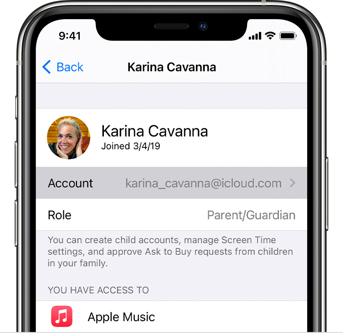 iPhone showing the account for Karina Cavanna, a parent/guardian.