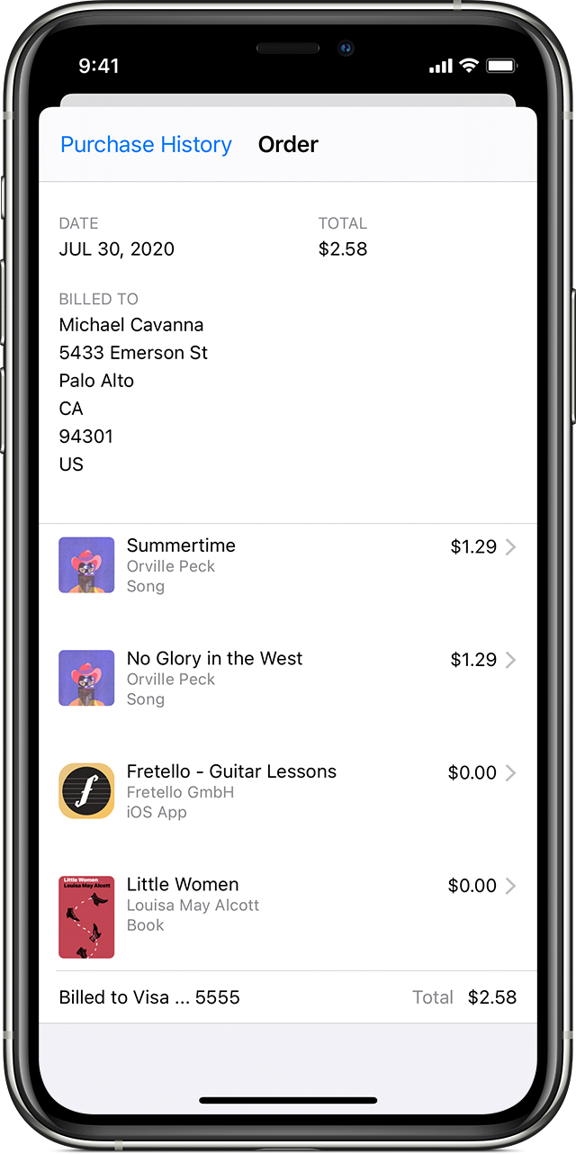 iPhone showing purchases including songs, an app, and a book, which are all together on one bill.