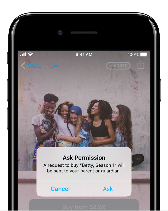iPhone que muestra las opciones de Solicitar permiso en el dispositivo de un menor.