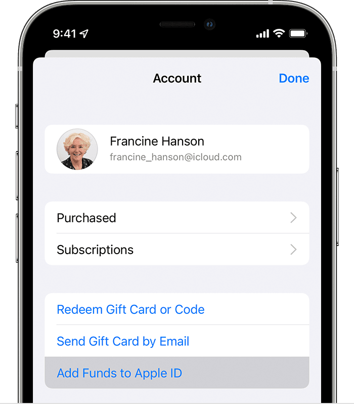 iPhone, ki prikazuje gumb »Add Funds to Apple ID« (Dodaj sredstva na račun Apple ID).