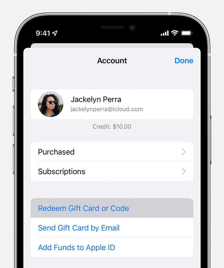 iPhone showing the Redeem a Gift Card or Code button.