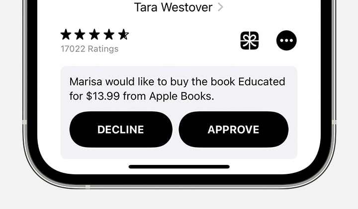iPhone на родител, показващ бутон за одобряване и бутон за отказване на заявка за закупуване на книга от Apple Books.