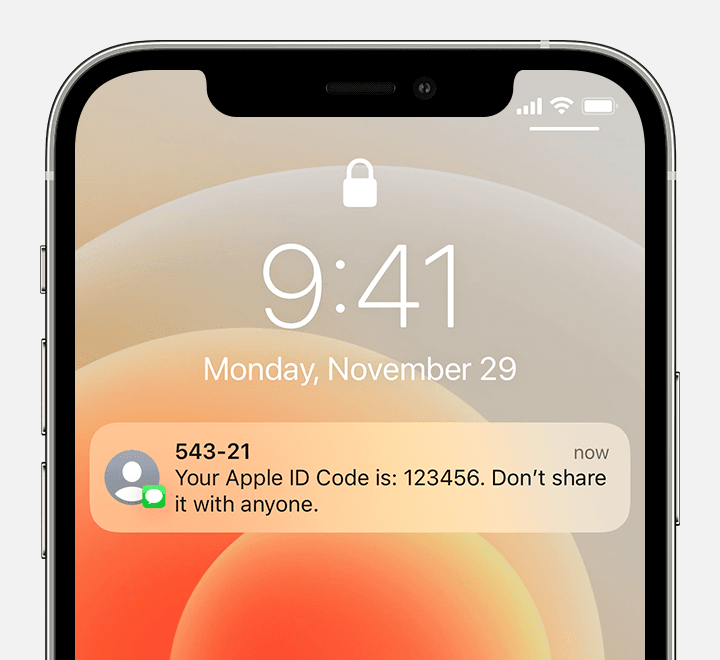 iPhonen näyttö, jossa näkyy Applen tekstiviesti, vahvistuskoodi ja ohje, että koodia ei tule antaa kenellekään.