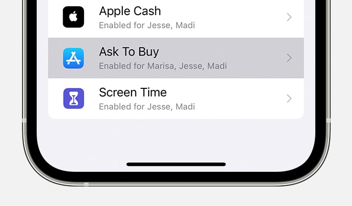 Sadaļa Settings (Iestatījumi) iPhone tālrunī, kur redzams, ka funkcija Ask to Buy (Aicināt iegādāties) ir iespējota lietotājiem Marisa, Jesse un Madi.