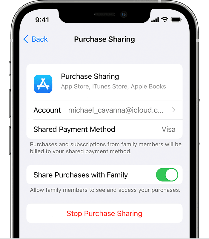 iPhone showing that a Visa card is the shared payment method.