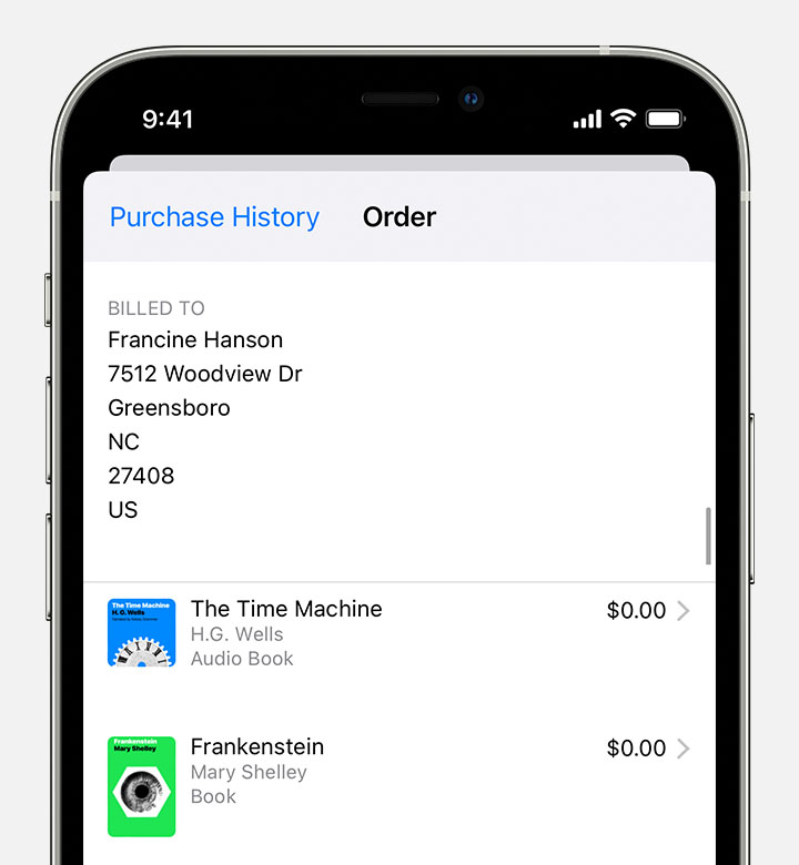 iPhone en el que se muestran compras agrupadas en una sola factura.