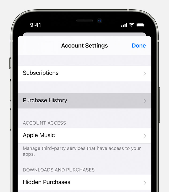 iPhone, показващ опцията за меню Purchase History (Хронология на покупките) в Settings (Настройки).