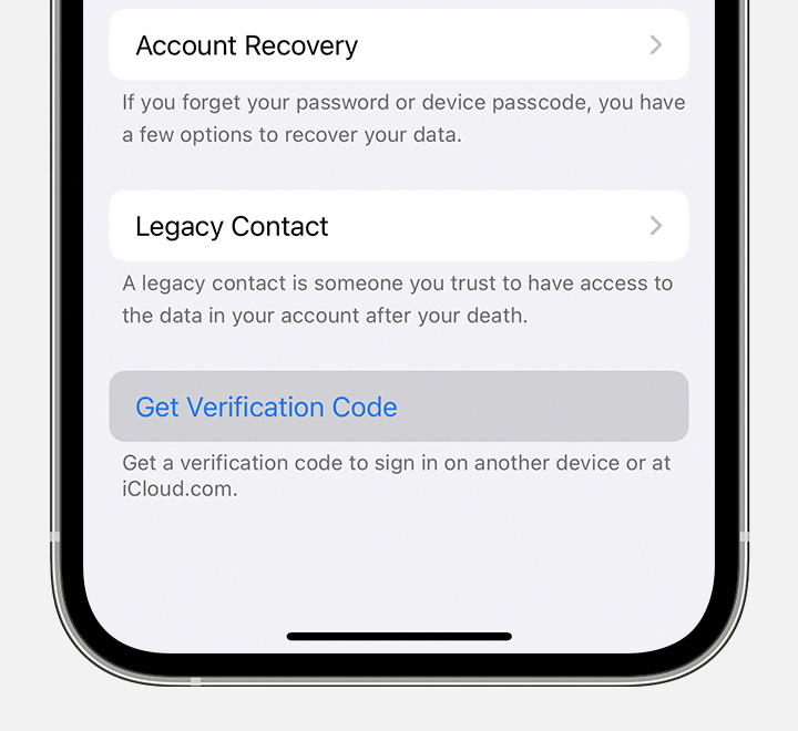 iPhone screen showing how to get a verification code from Settings.
