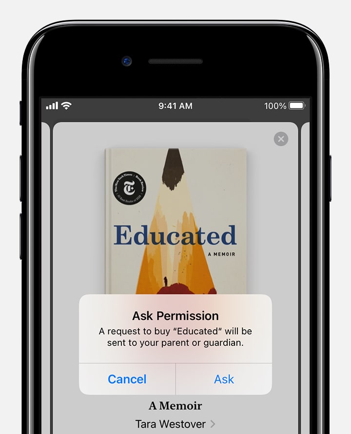 iPhone otroka prikazuje sporočilo, da bo zahteva za nakup te knjige poslana staršu ali skrbniku. Pod tem sporočilom sta gumba »Cancel« (Prekliči) in »Ask« (Vprašaj).