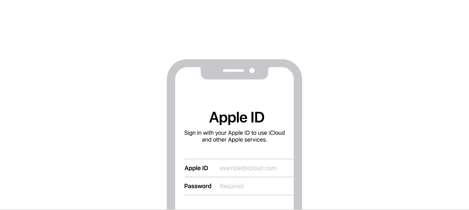 Ein GIF animiert John Appleseed bei der Anmeldung bei seiner Apple-ID auf einem iPhone. Symbole für iCloud-Fotos, den App Store, FaceTime, Nachrichten, iTunes und iCloud umgeben die iPhone-Grafik.