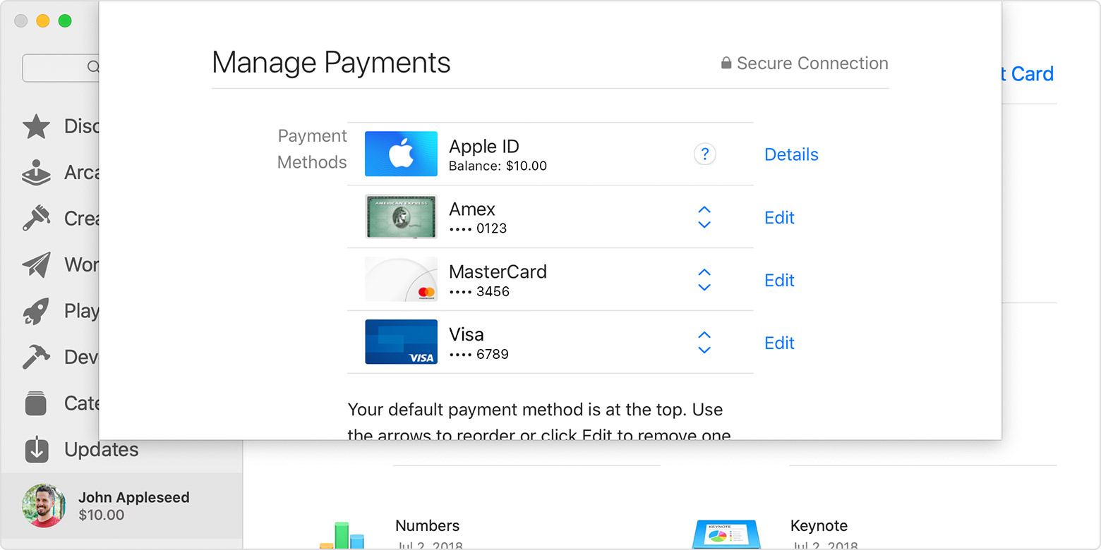 Страница «Управление платежами» в App Store на компьютере Mac. Здесь можно редактировать, изменять порядок, добавлять или удалять способы оплаты.