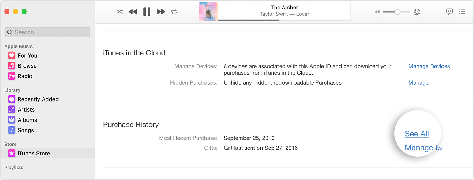 Mac showing the link to the purchase history in the Music app.