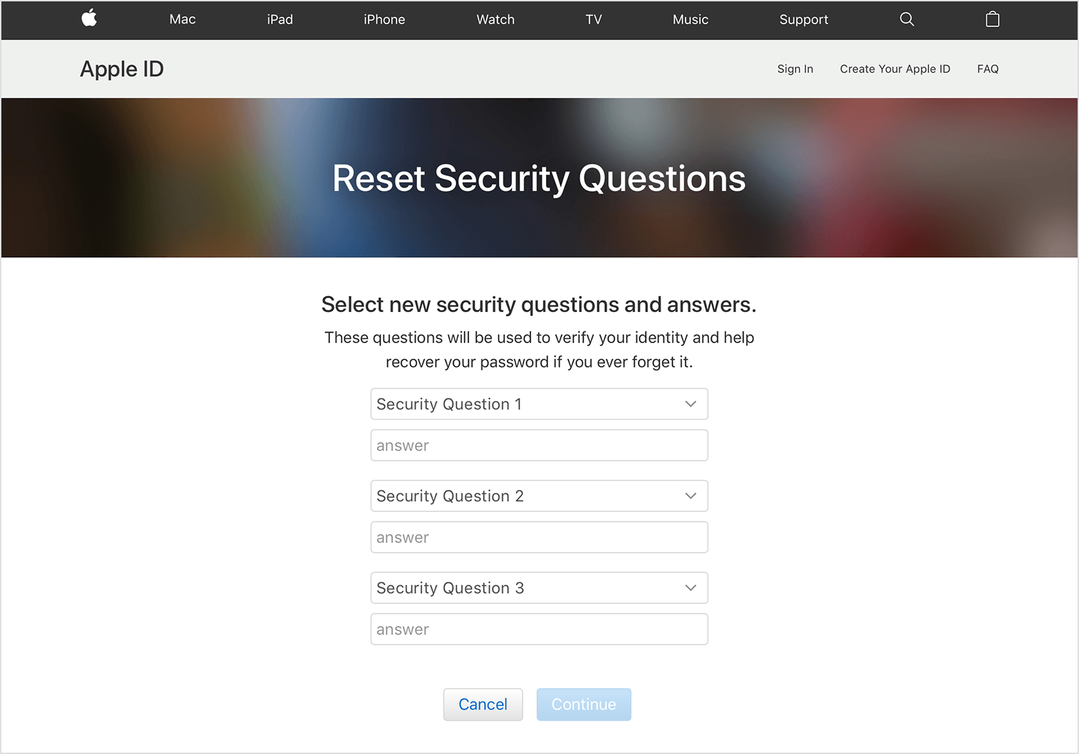 reset apple id password security questions
