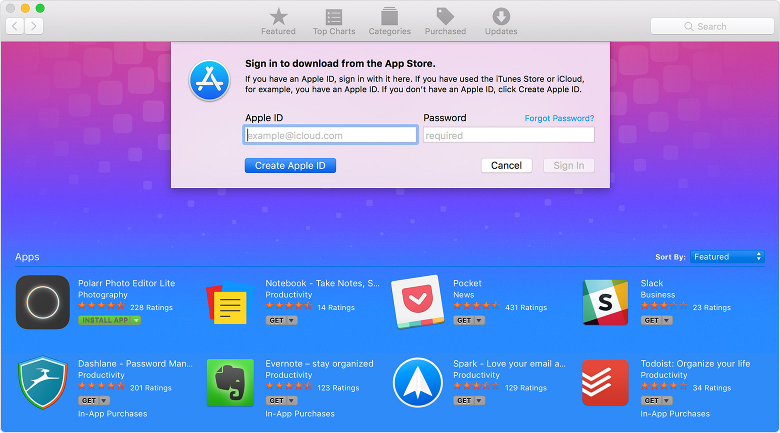 Mac 上显示App Store 的登入视窗，并突显「建立Apple ID」按钮