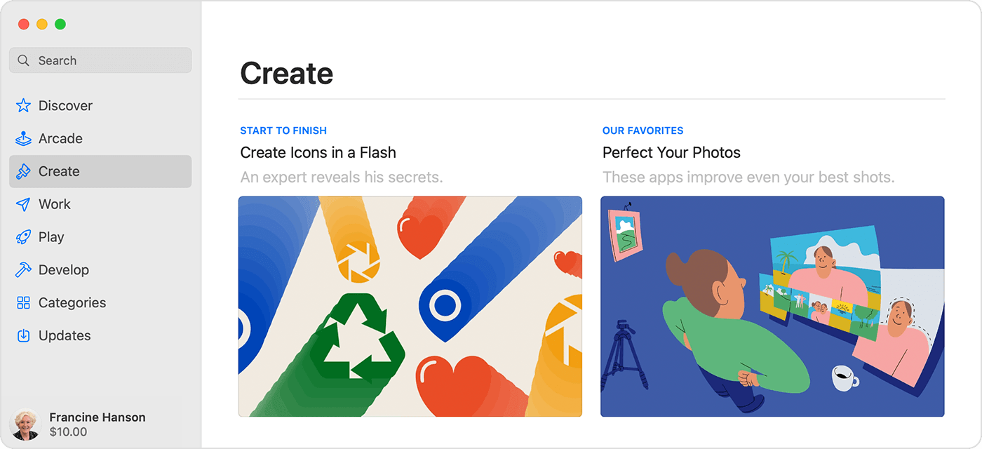 The App Store on Mac shows the balance below the name in the sidebar.