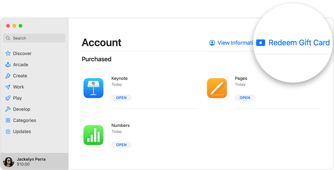 Mac en la que se muestra el botón Canjear tarjeta de regalo en App Store.