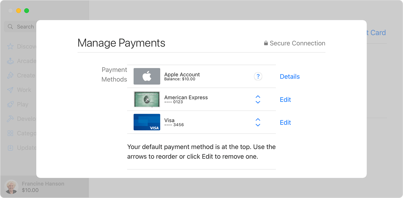 App Store na Macu so zobrazenou stránkou Spravovať platby, kde môžete upravovať, pridávať alebo odstraňovať spôsoby platby, prípadne meniť ich poradie.