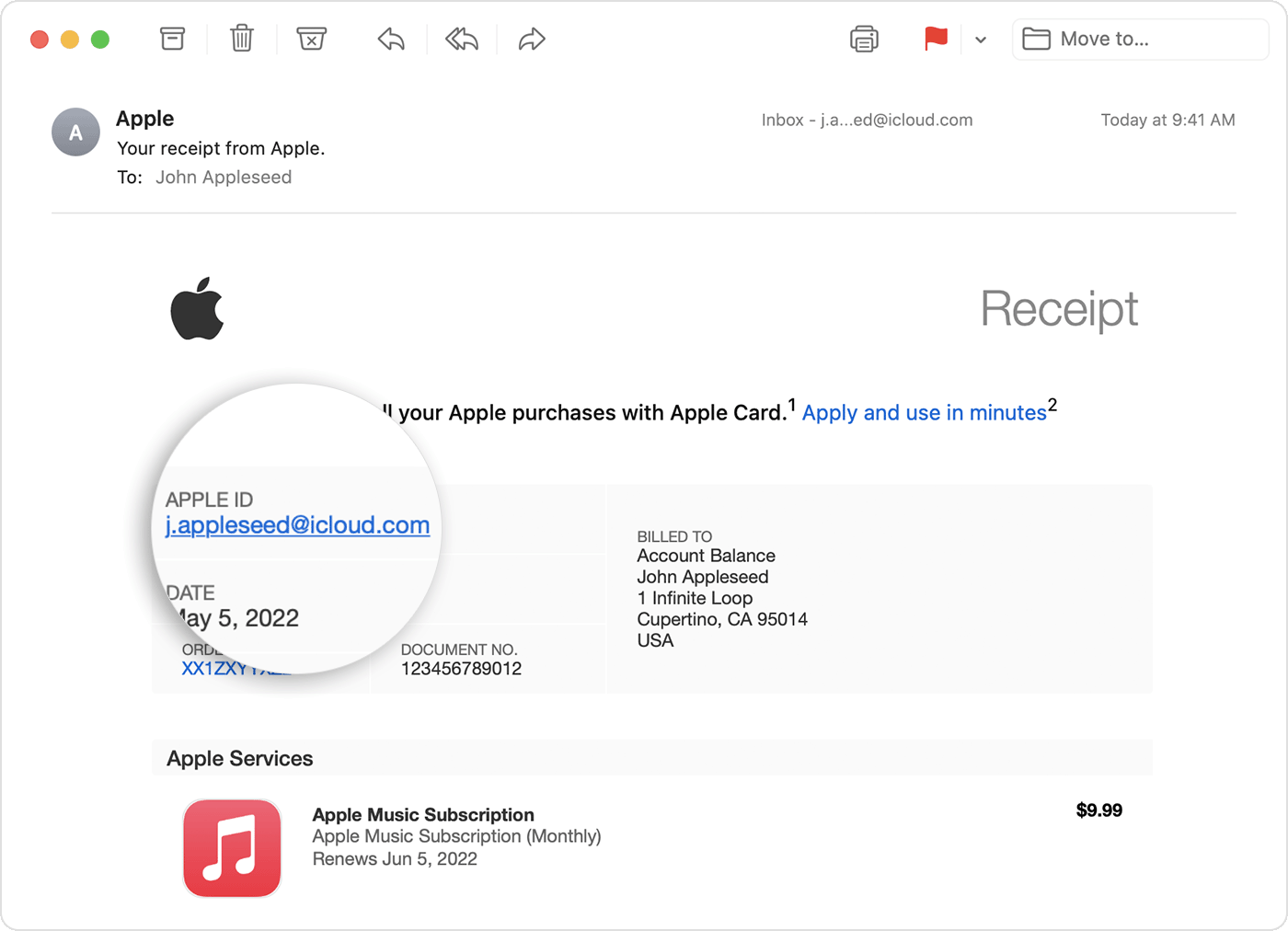 „Apple“ el. pašto kvitas, kuriame nurodytas „Apple Music“ prenumeratą įsigijusio asmens „Apple“ ID.