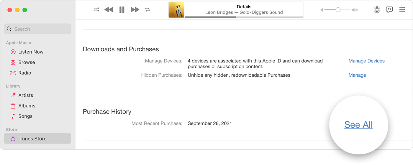 Mac показва раздела Purchase History (Хронология на покупките) на страницата с информация за профила с избрано See All (Преглед на всички).