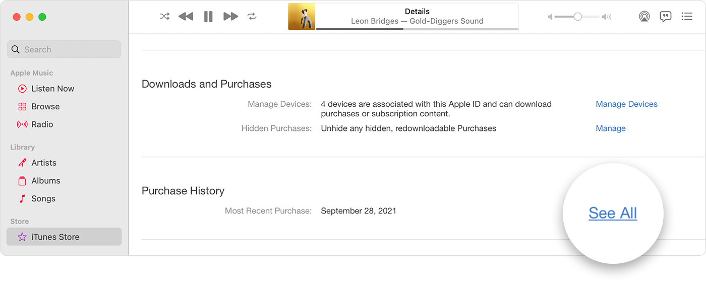 Mac showing the Purchase History section of the account information page with "See All" selected.