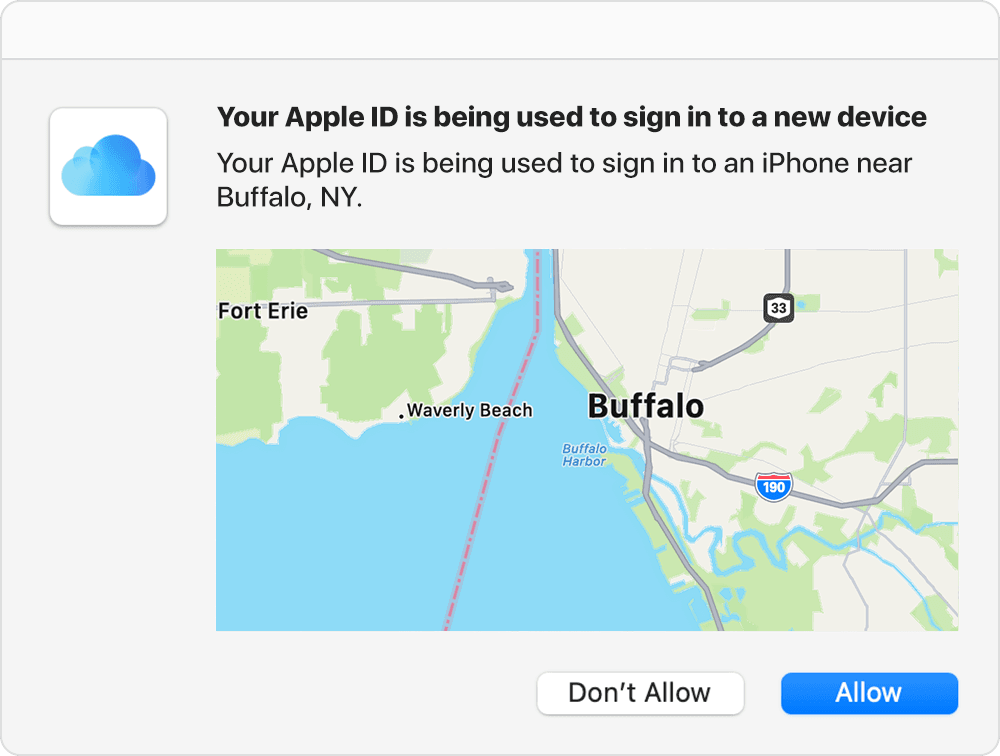 Карта с выделенным на ней городом Баффало, штат Нью-Йорк. Согласно надписи, Apple ID используется для входа на устройстве iPhone возле города Баффало.