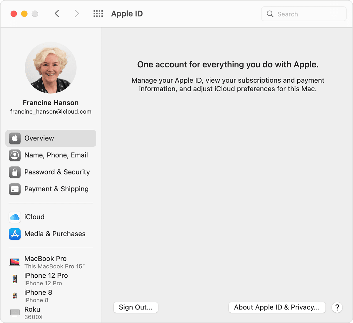 The Apple ID menu of System Preferences, showing options for a customer named Francine Hanson.