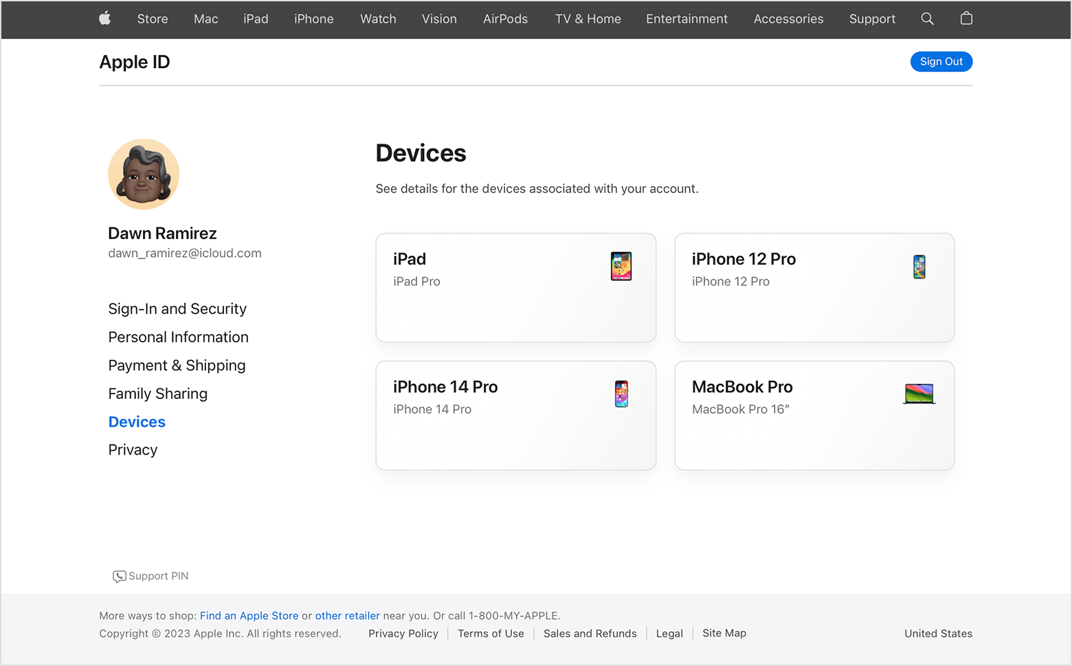 Apple ID account page online showing the devices that are signed in to your Apple ID