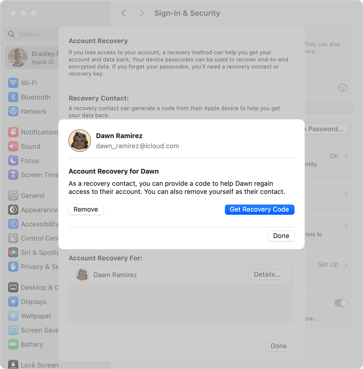 Η οθόνη ενός Mac που δείχνει πώς να αφαιρέσετε μια επαφή ανάκτησης