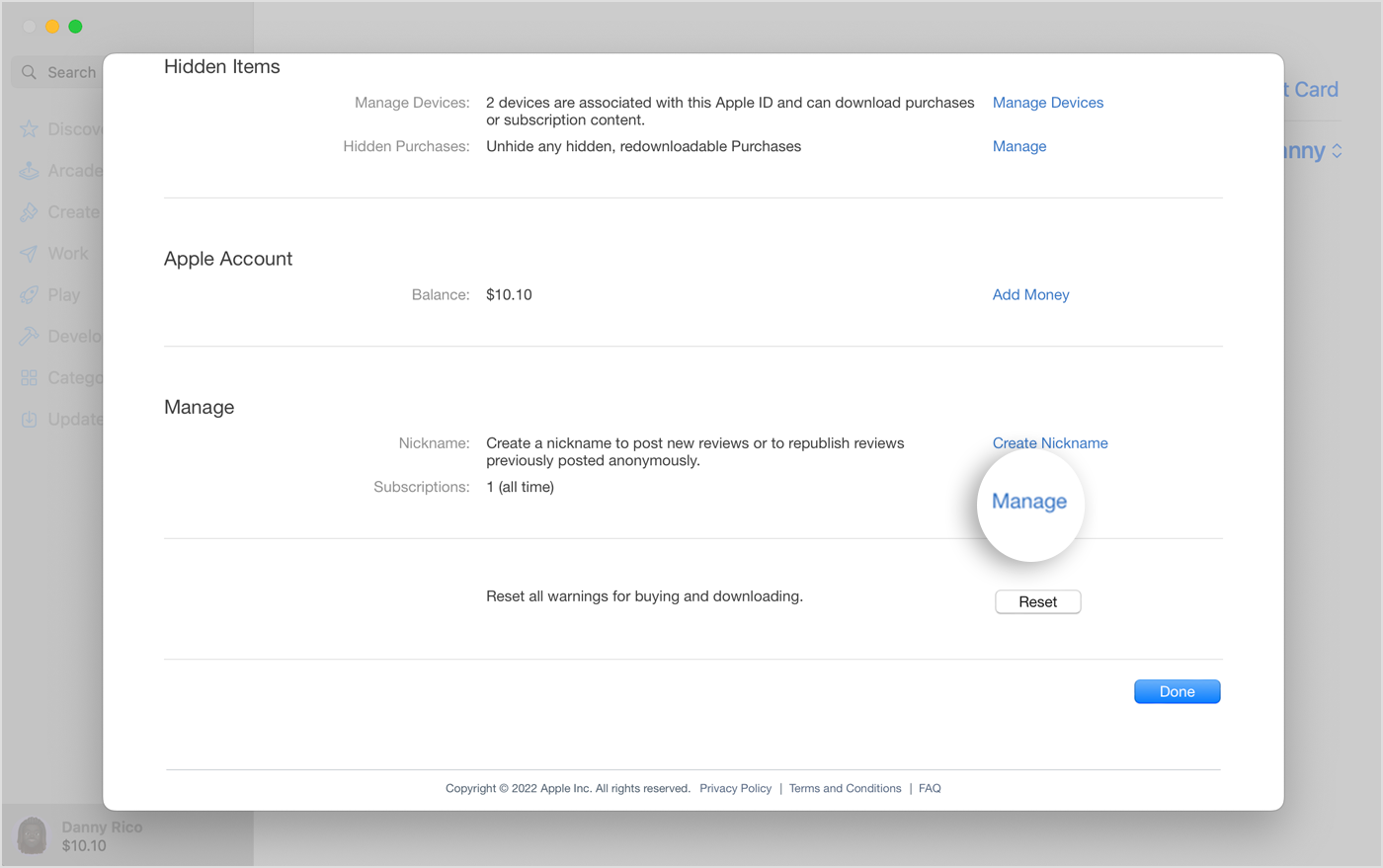 Gumb »Manage« (Upravljaj) zraven možnosti »Subscriptions« (Naročnine) v trgovini App Store v računalniku Mac.