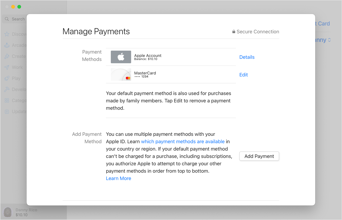 No Mac, o botão Add Payment (Adicionar Pagamento) é exibido abaixo da lista de métodos de pagamento.