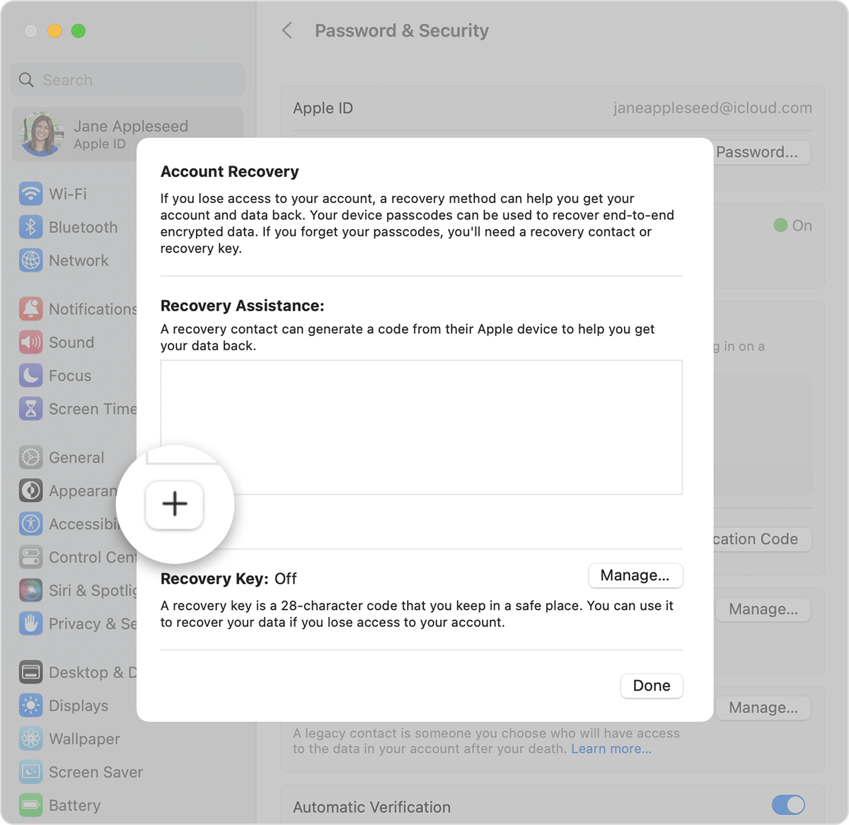 On Mac, add a recovery contact in System Settings
