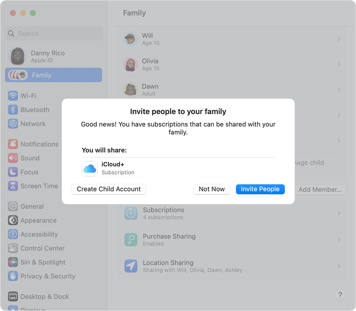 The Create Child Account button is on the left, alongside the Not Now and Invite People buttons.
