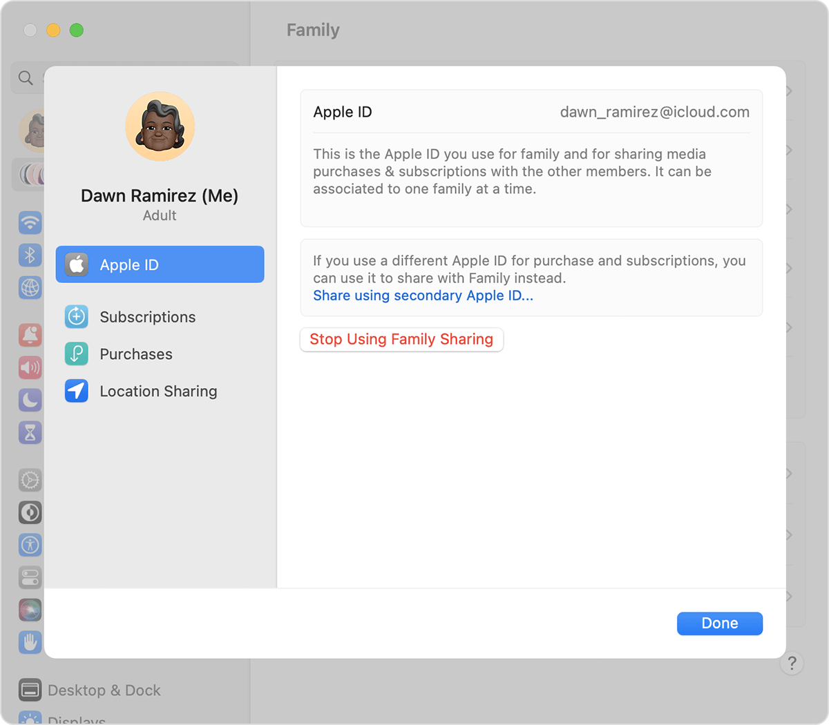 Stop Using Family Sharing is located below 'Share using secondary Apple ID.'