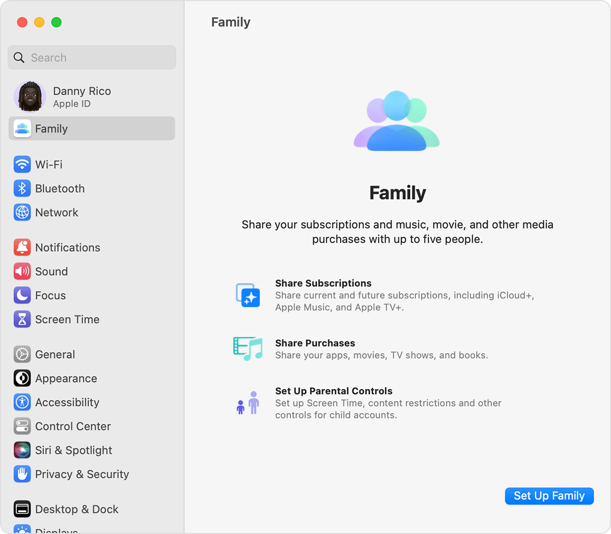 The Set Up Family button is in the bottom right after you've clicked Family.