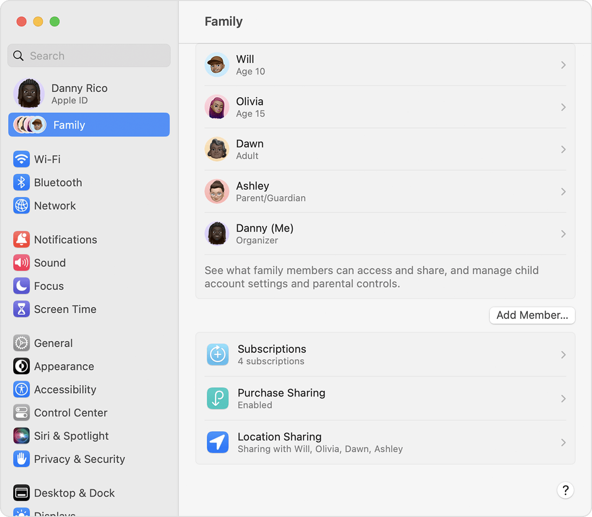 The Add Member button is below the list of your current family members.