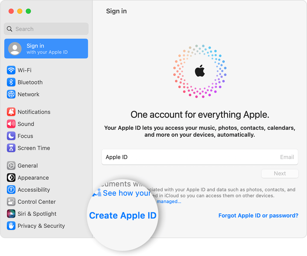 On a Mac, create an Apple ID in System Settings